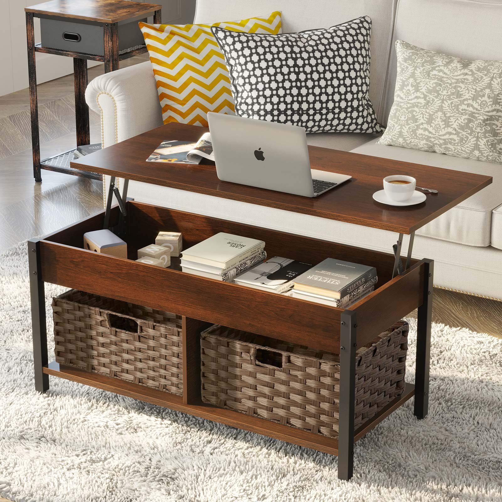 Rolanstar Lift Top Coffee Table with Storage and Rattan Baskets, Rustic Wood Raisable Top Central Table for Living Room, Hidden Compartment Shelf Tabletop and Metal Frame, Espresso