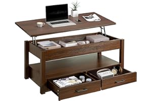 FABATO 41.7'' Coffee Table, Lift Top Coffee Table with Storage Drawers and Hidden Compartment, Retro Central Table with Wooden Lift Tabletop for Living Room, Espresso