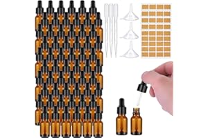100 Pack Dropper Bottles, 10 ml Brown Essential Oil Dropper Bottles with 5 Pipettes & 5 Funnels & 100 Labels, Glass Tincture 