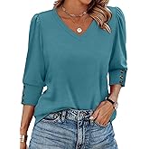 XIEERDUO Womens 3/4 Sleeve Tops with Buttons V-Neck Summer Outfits Casual Blouses Shirts Beach Vacation Fall Clothes 2025