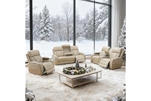 PON LIVING FURNITURE INC Leather Power Recliner Sofa Set with LED, Living Room Furniture Set, Leather Sofa Set with USB Port Storage Console Cup Holder for Office Living Room Home (Khaki)