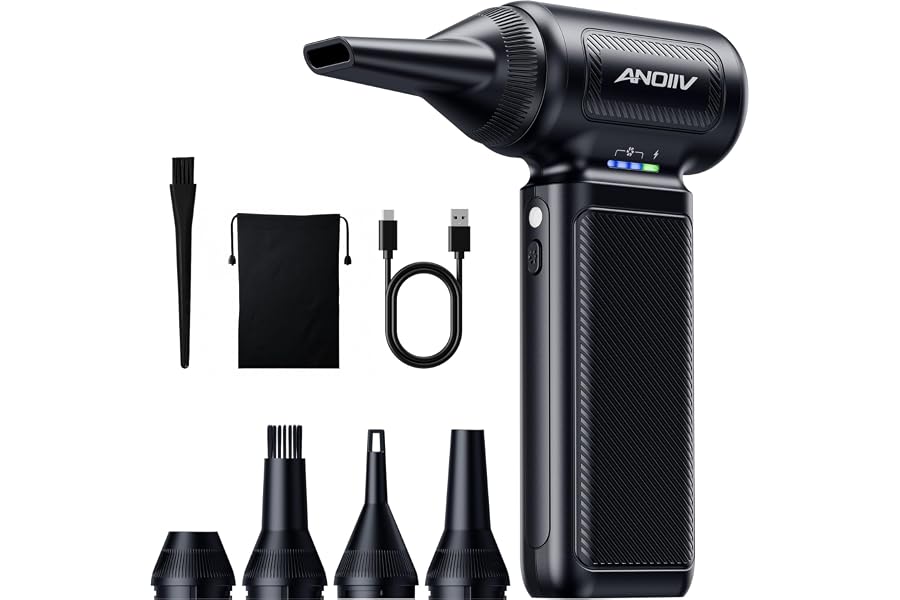 Anoiiv Compressed Air Duster, 130,000RPM, 3-Gear Adjustable, 5Nozzles | Electric Air Blower with Brushless Motor, Mini Dust Blower for Computer, Keyboard, House, Car, Outdoor, CarbonBlack
