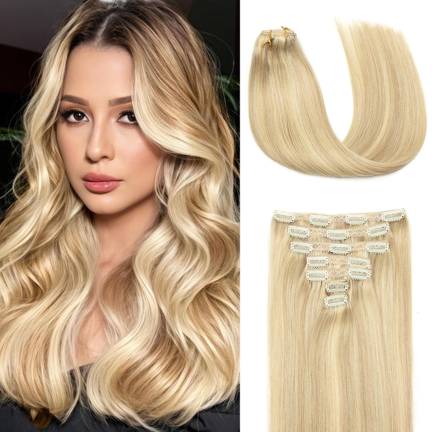 AGMITY Clip-in Hair Extensions Remy Human Hair, Ash Blonde Highlight, 7 Pcs 120g, Seamless Double Weft, Straight, 16 inches