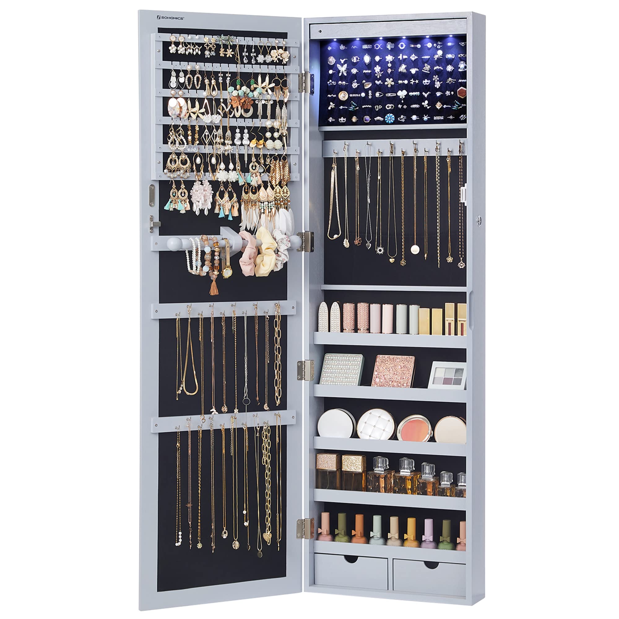 SONGMICS 6 LEDs Mirror Jewelry Cabinet, 47.2-Inch Tall Lockable Wall or Door Mounted Jewelry Armoire Organizer with Mirror, 2 Drawers, 3.9 x 14.6 x 47.2 Inches, Gray UJJC93GY Image