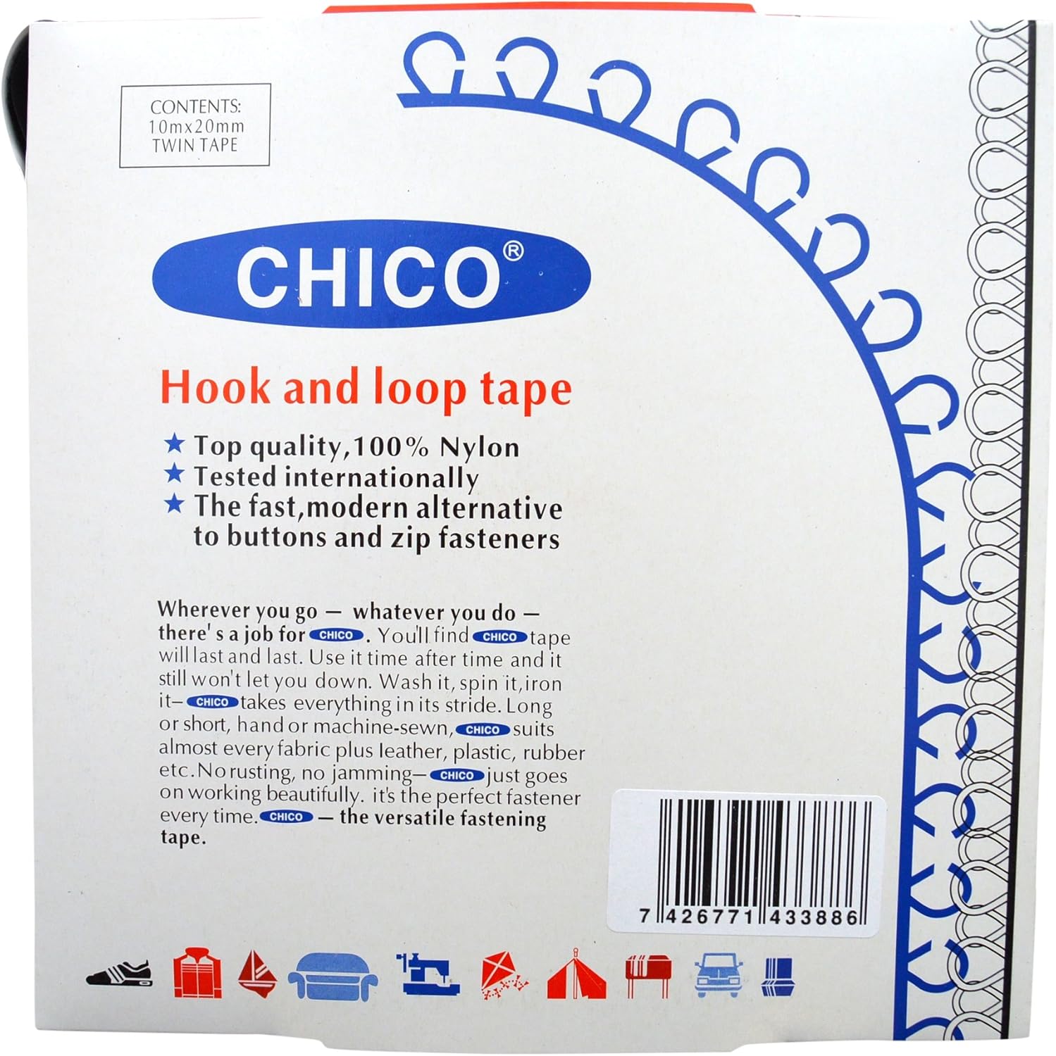 Chico Chico10m x 20mm Hook and loop Sew and Stick Black, Synthetic