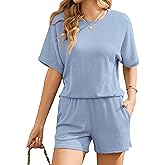 Ekouaer Women 2 Piece Lounge Set 2026 Summer Cruise Outfits Ribbed Loose Short Sleeve Matching Sets with pocket
