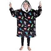 Minecraft Blanket Hoodie Gifts for Kids Teens, Fleece Wearable Blanket with Sherpa Hood, Cozy Creeper Loungewear for Gamers