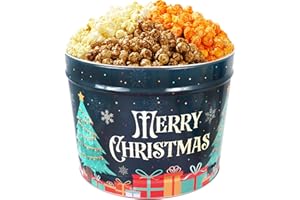 THE HAMPTON POPCORN COMPANY 3 Flavor, 2 Gallon Merry Christmas Tree & Gift Gourmet Popcorn Tin, Butter, Caramel & Orange Cheddar Cheese, The Hampton Popcorn & Candy Company (30.5 Oz., 2 Gallon Tin)