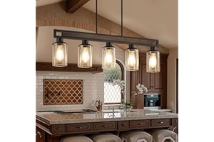 HUONG SON Farmhouse Dining Room Light Fixture, 5-Light Wood Kitchen Island Lighting for Dining Room Over Table, Black Adjustable Pendant Light with Seeded Glass Shades, Linear Chandeliers Lighting for Kitchen