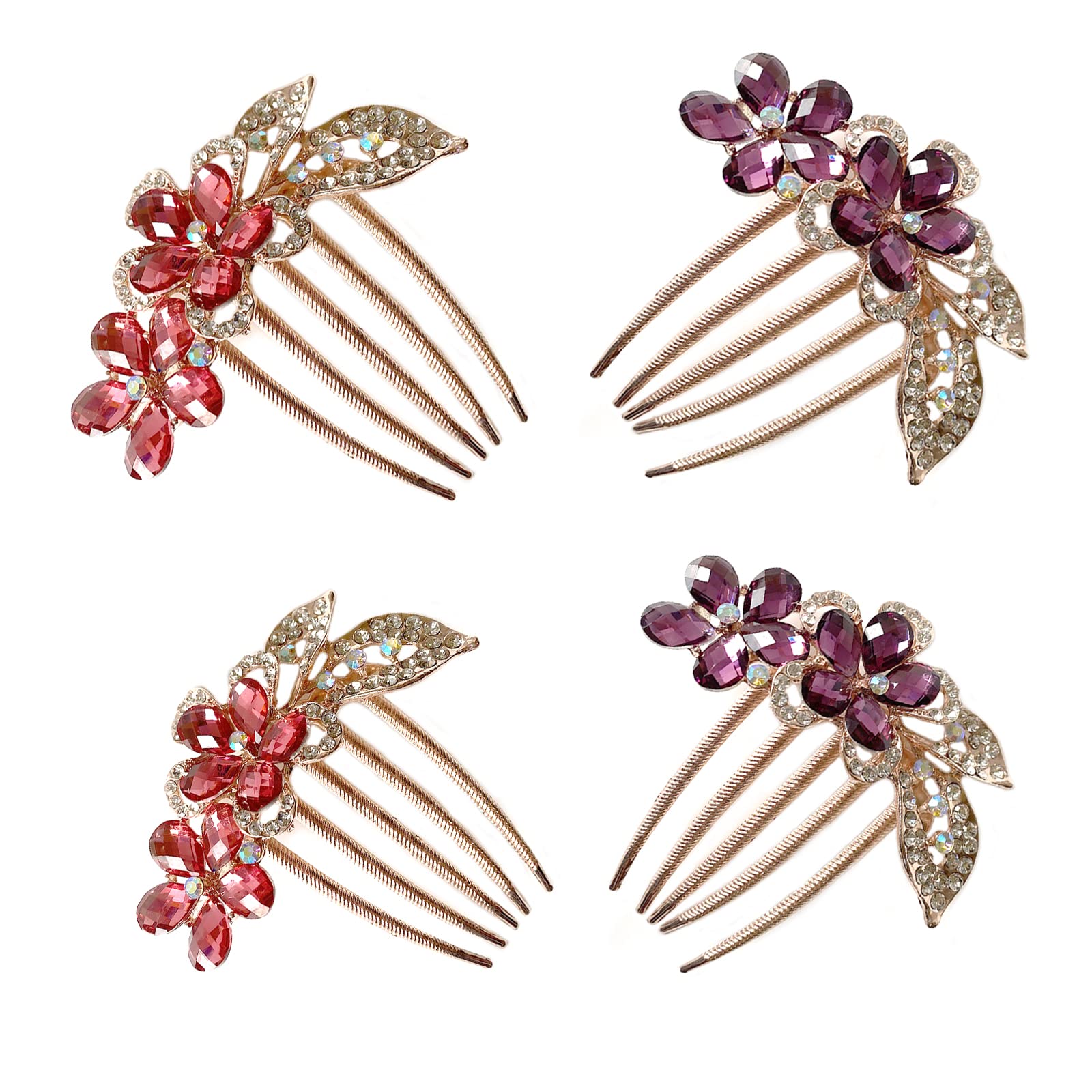 Briskyto 4Pack Hair Comb Rhinestone Flower Hair Slides Hairpins Hair Clips Head Pieces for Women and Girls 4Count (Pack of 1), Pink,Purple