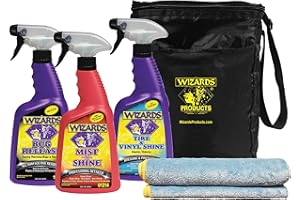 Wizards 5 Piece Car Detailing Kit - Beginner Friendly Professional Car Detailing Kit - Car Accessories for Men - Comes with a Microfiber Towel, Storage Bag and 22 oz Spray Bottles
