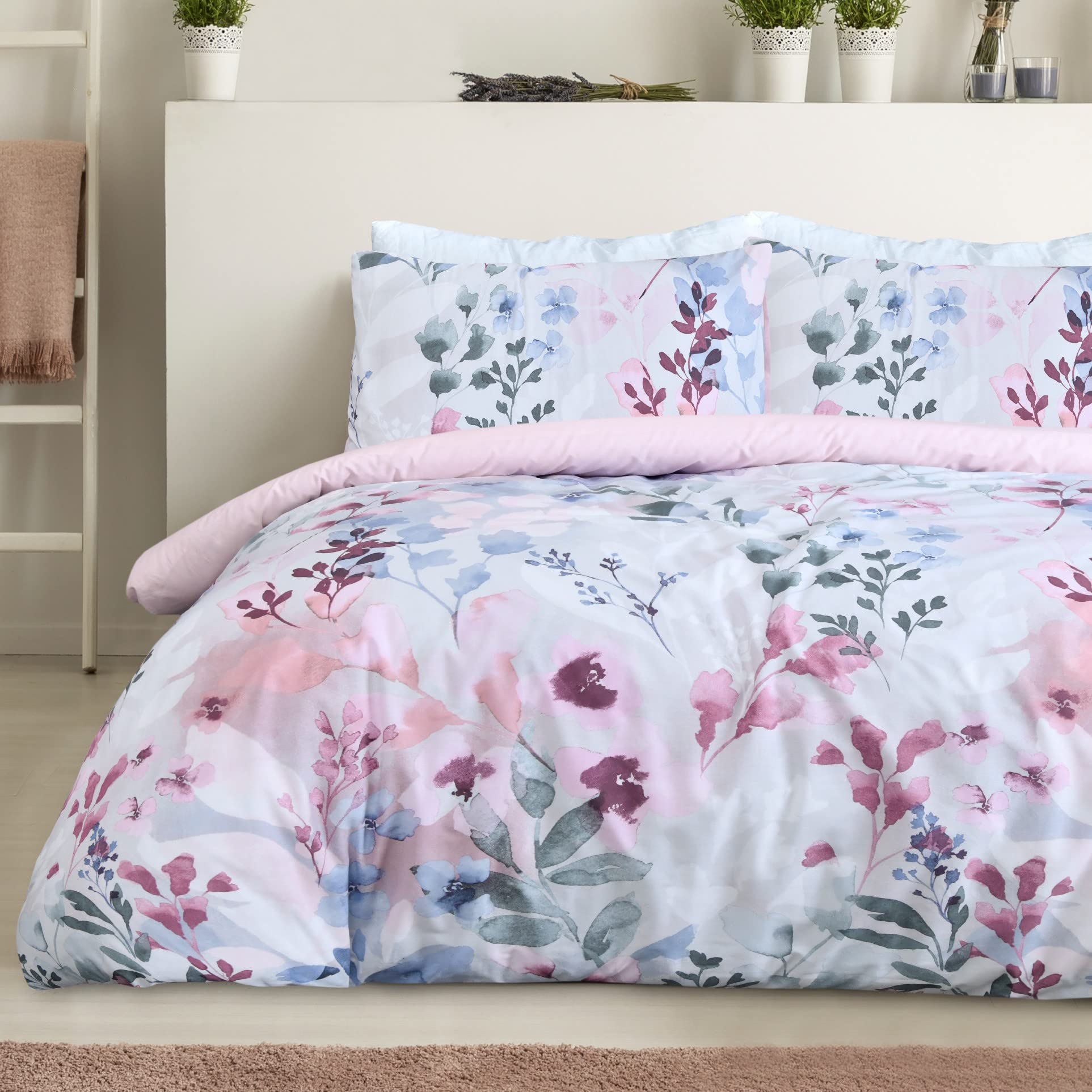 Sleepdown Botanical Leaves Floral Blush Pink Blue Reversible Duvet Cover Quilt Pillow Cases Bedding Set Soft Easy Care - King (230cm x 220cm)