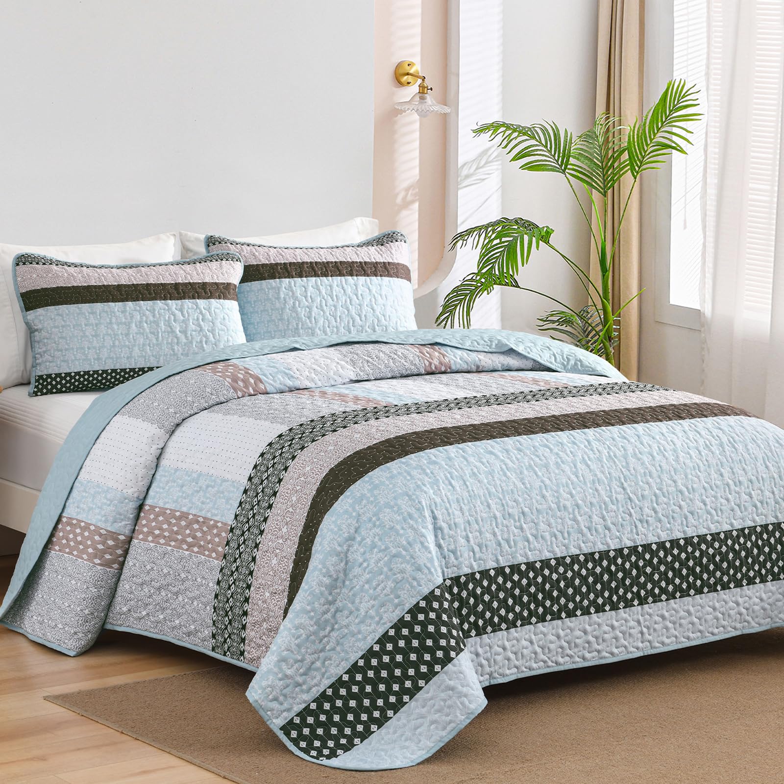 WONGS BEDDING Blue Brown Quilt King Size, Bohemian Stripe Quilt Sets 3 Pieces Boho Quilted Bedspread Set Lightweight Microfiber Coverlet Bedding Set All Season (104"x90") Image