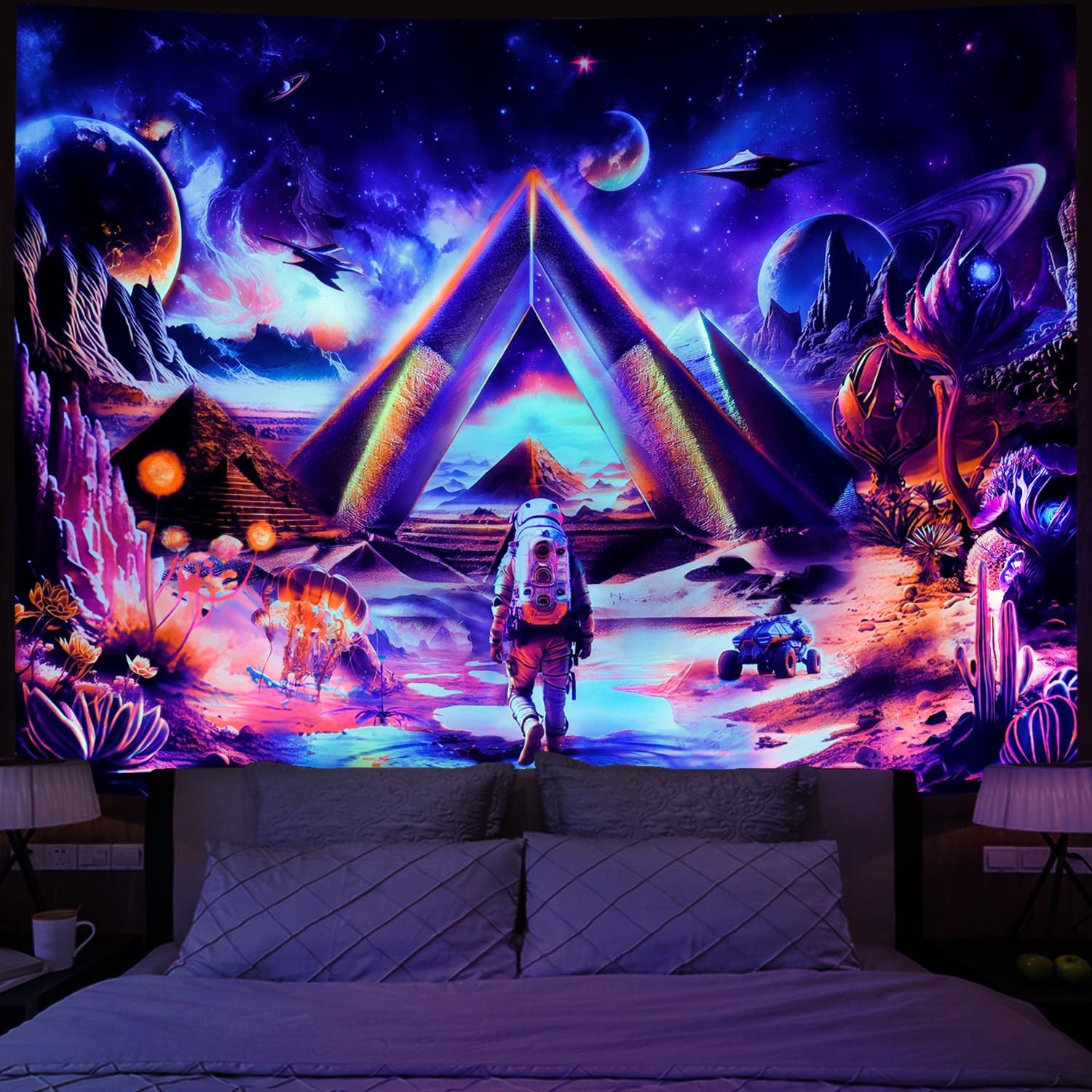 Tapestries - Amonercvita Blacklight Galaxy Space Tapestry UV Reactive Astronaut Tapestry Trippy Pyramid Planet Tapestry Fantasy Neon Plants Wall Hanging Mysterious Jellyfish Tapestry for Bedroom