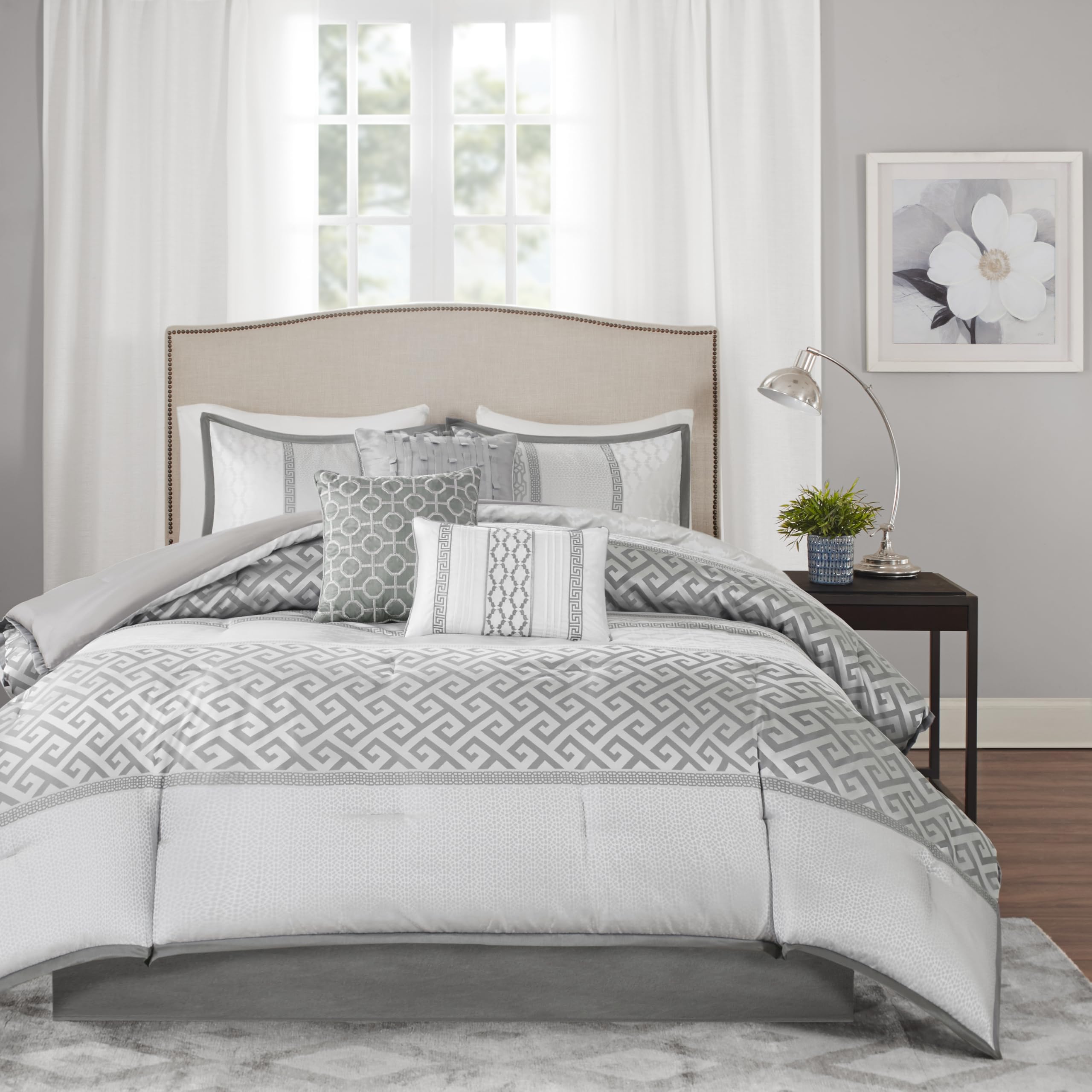 Photo 1 of Madison Park Luxury Comforter Set-Traditional Jacquard Design All Season Down Alternative Bedding, Matching Bedskirt, Decorative Pillows, Queen(90"x90"), Bennett, Geometric Grey 7 Piece
