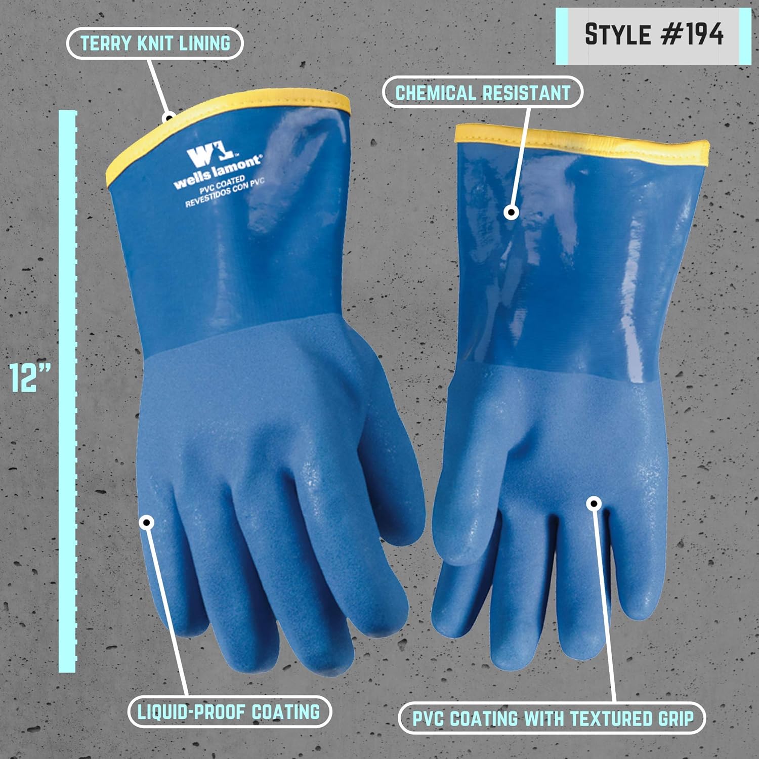 12" Lined PVC Chemical Resistant Gloves, One Size (Wells Lamont 194) - Wells Lamont Gloves Cold Weather - 