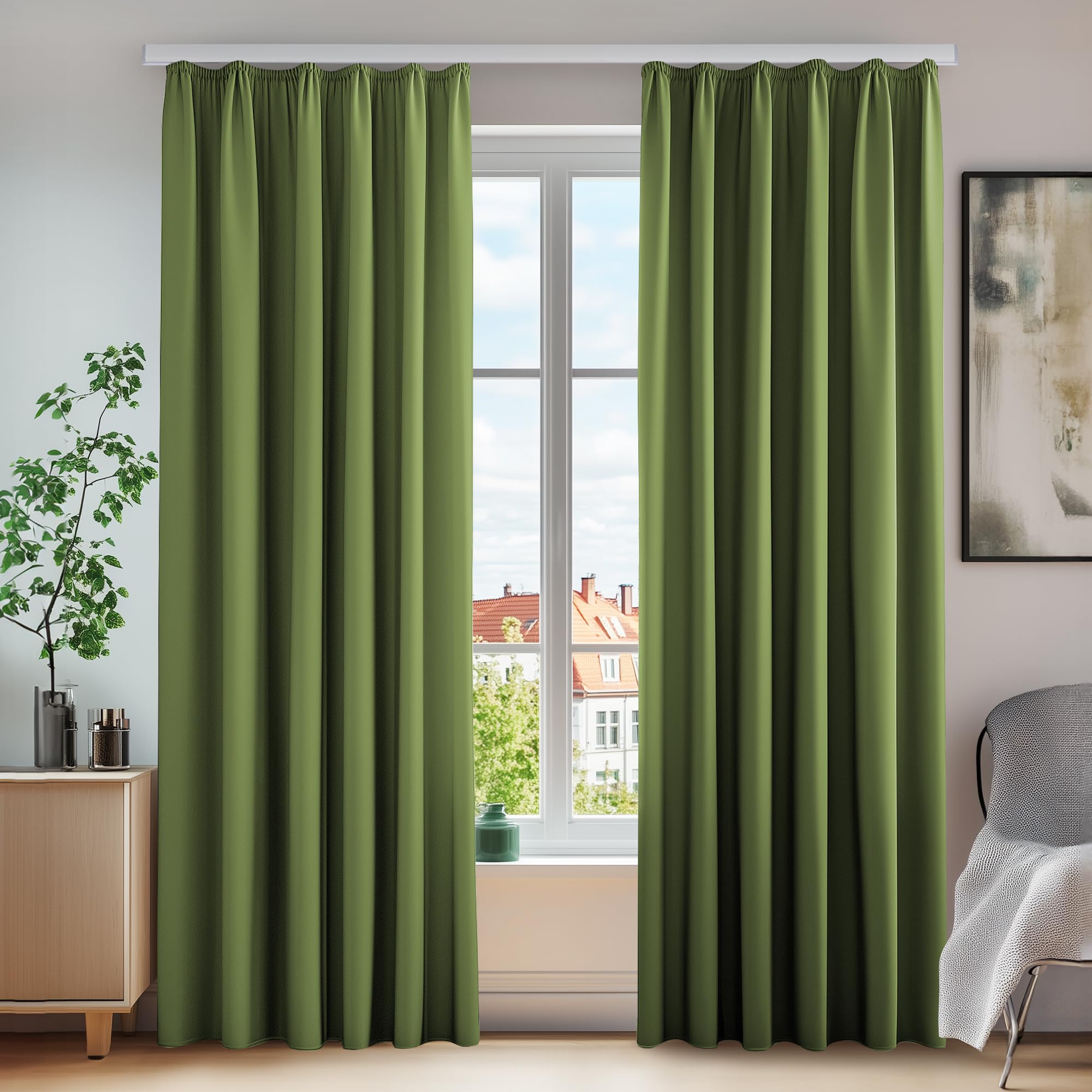 Deconovo 2 Panels Opaque Curtains with Ruffle Tape for Living Room Extra Warm 260 x 140 cm (H x W) Apple Green