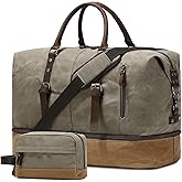 FENGDONG Green Waxed Canvas & Leather Duffel Bag, 20.8 x 9.8 x 14.9 inches, 45L, Separate Shoes Compartment, Wet Pocket, Zipper Closure, Web Handle, Perfect for Weekend Trips
