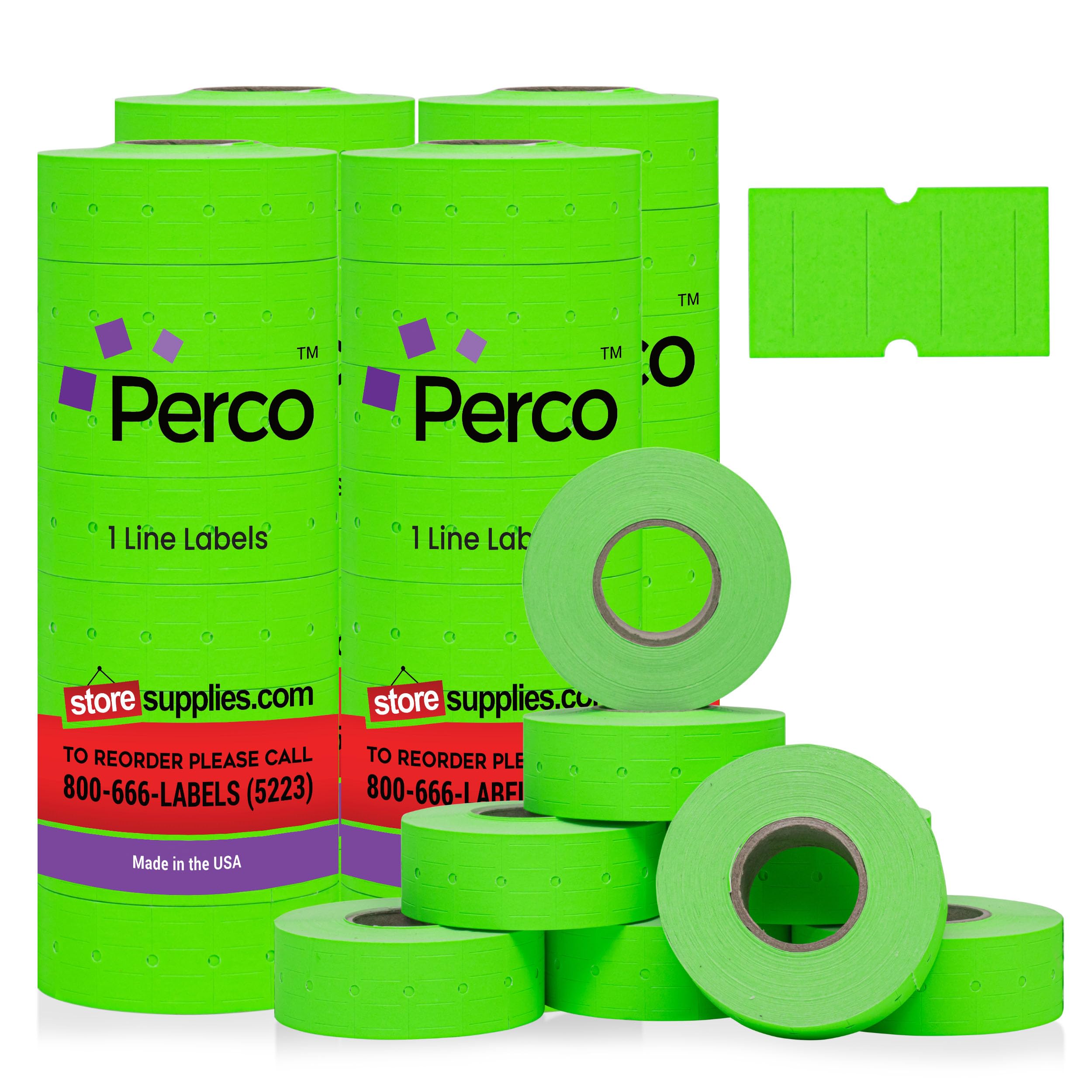 Photo 1 of Perco 1 Line Fluorescent Green Labels - 32 Rolls, 4 Sleeves, 32,000 Blank Price and Date Gun Labels for Perco Lite, X, Plus and Pro 1 Line Price and Date Guns - Made in USA
