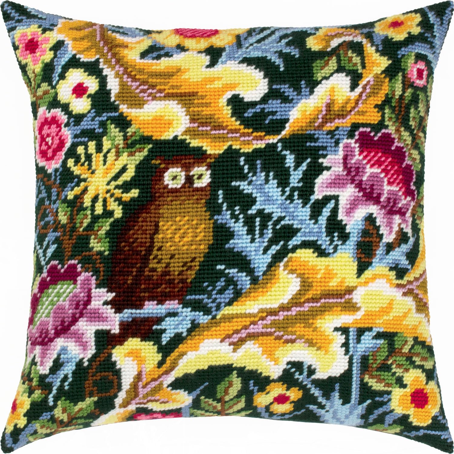 Brvsk Owl. Needlepoint Kit w/Printed Tapestry Canvas (40 × 40 cm) — Needlepoint Cushion Kit for Creative Home Décor — Needlework Kit for Adult Beginners
