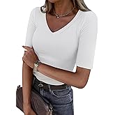 ANRABESS Womens Half Sleeve Tops V Neck Ribbed Knit Slim Fit Basic T Shirts 2026 Summer Casual Tees Spring Trendy Clothes