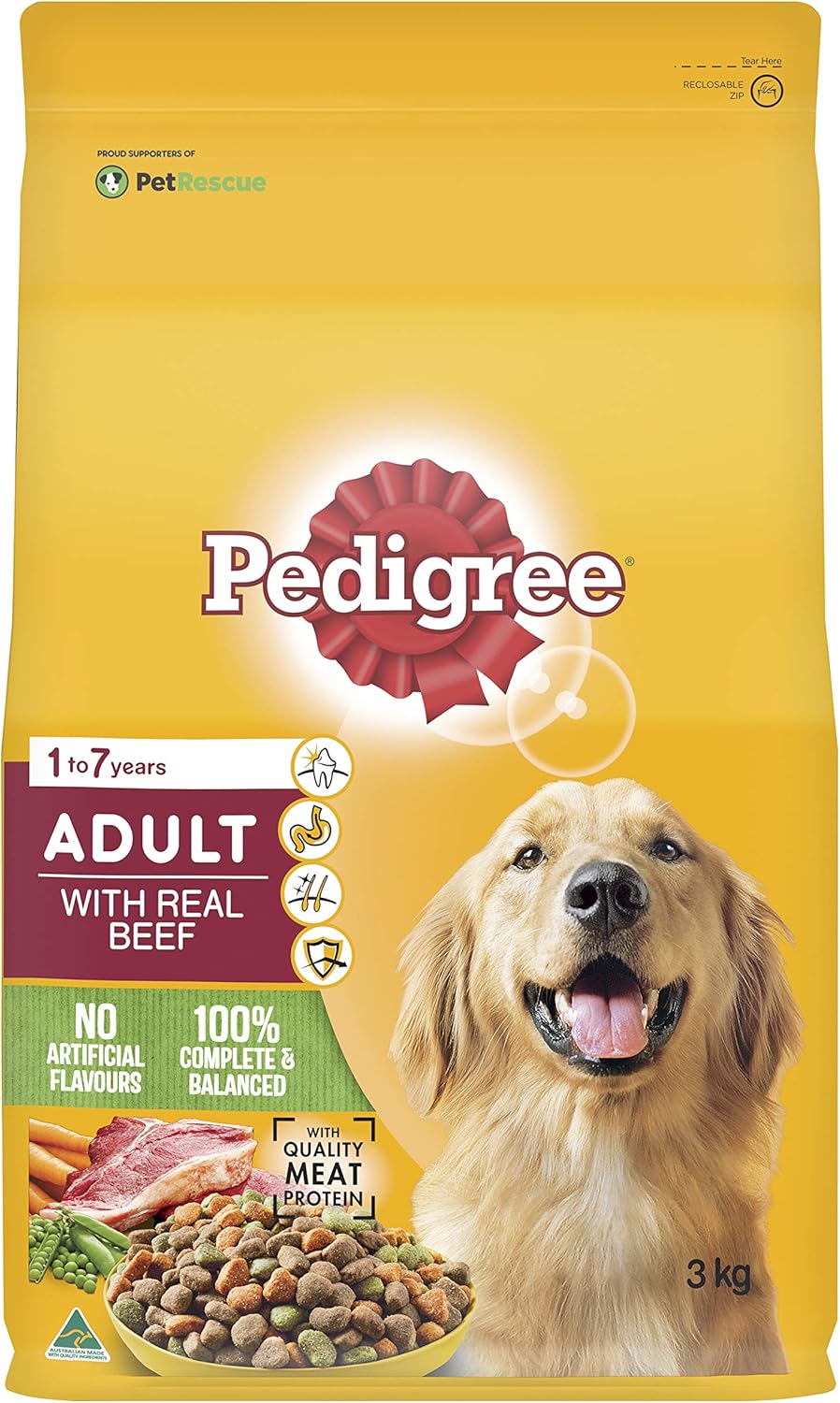 PEDIGREE Adult with Real Beef Dry Dog Food 3kg Bag, 4 Pack, Adult