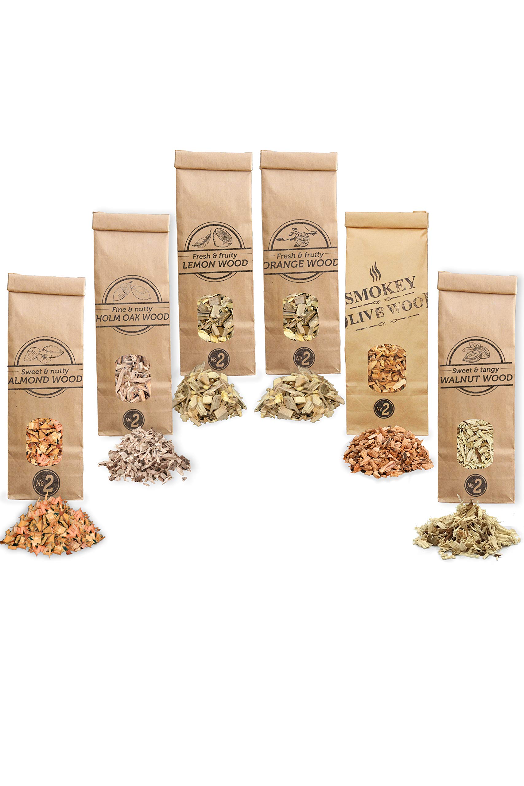 Smokey Olive Wood 6X 500ml Selection of Barbecue and Smoking Wood Chips: Olive, Almond, Oak, Lemon Tree, Orange and Walnut Size No. 2: 0'5-1cm, AHLNVW2-06-0.5L