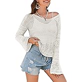 Womens Crochet Off The Shoulder Tops Bell Sleeve Summer Sweaters Boho Top Lightweight Knit Beach Cover Up