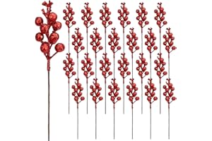 JREMREO 24 Pack 9 Inches Glitter Artificial Berry Stems, 15 Berries per Stem, Christmas Tree Picks Ornaments, DIY Xmas Wreath, Floral Arrangements Home Décor, Winter Wonderland Decoration (24, Red, 9 Inch)