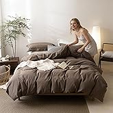 BDEAR Linen Feel Light Chocolate Brown Duvet Cover Queen Size 90'' L x 90'' W, Percale 100% Washed Cotton Duvet Cover with Zipper Closure Plus 2 Pillowcases, Oeko TEX Standard Certificated