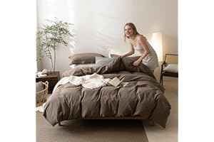 BDEAR Linen Feel Light Chocolate Brown Duvet Cover Queen Size 90'' L x 90'' W, Percale 100% Washed Cotton Duvet Cover with Zipper Closure Plus 2 Pillowcases, Oeko TEX Standard Certificated