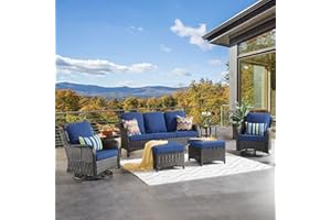 XIZZI Patio Furniture Set Outdoor Furniture All Weather Wicker Patio Furniture 6 PCS Backyard Deck Furniture with High Back Swivel Rocking Chairs and Sofa,Swivel Chairs Brown Rattan Navy Blue