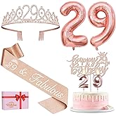 29th Birthday Decorations for Women, Including 29th Birthday Sash and Tiara, Cake Topper and Candles, Number Balloons, 29 Year Old Gifts for Women