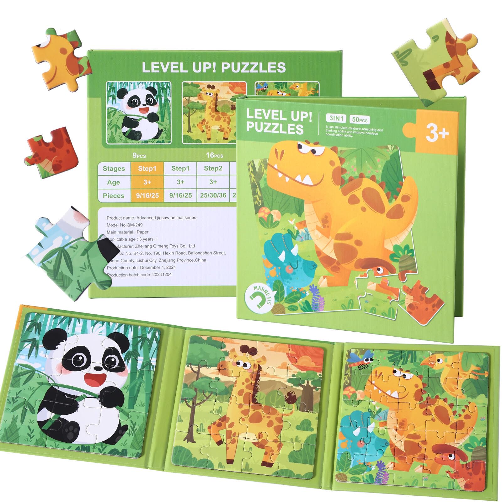 Magnetic Puzzles for Kids 3-5 Years, 3 in 1 Montessori Learning Toys with 9/16/25 PCS, Travel Activity for Toddlers Age 3-5, Preschool Puzzle Game with Animal Designs (Panda, Giraffe, Dinosaur)