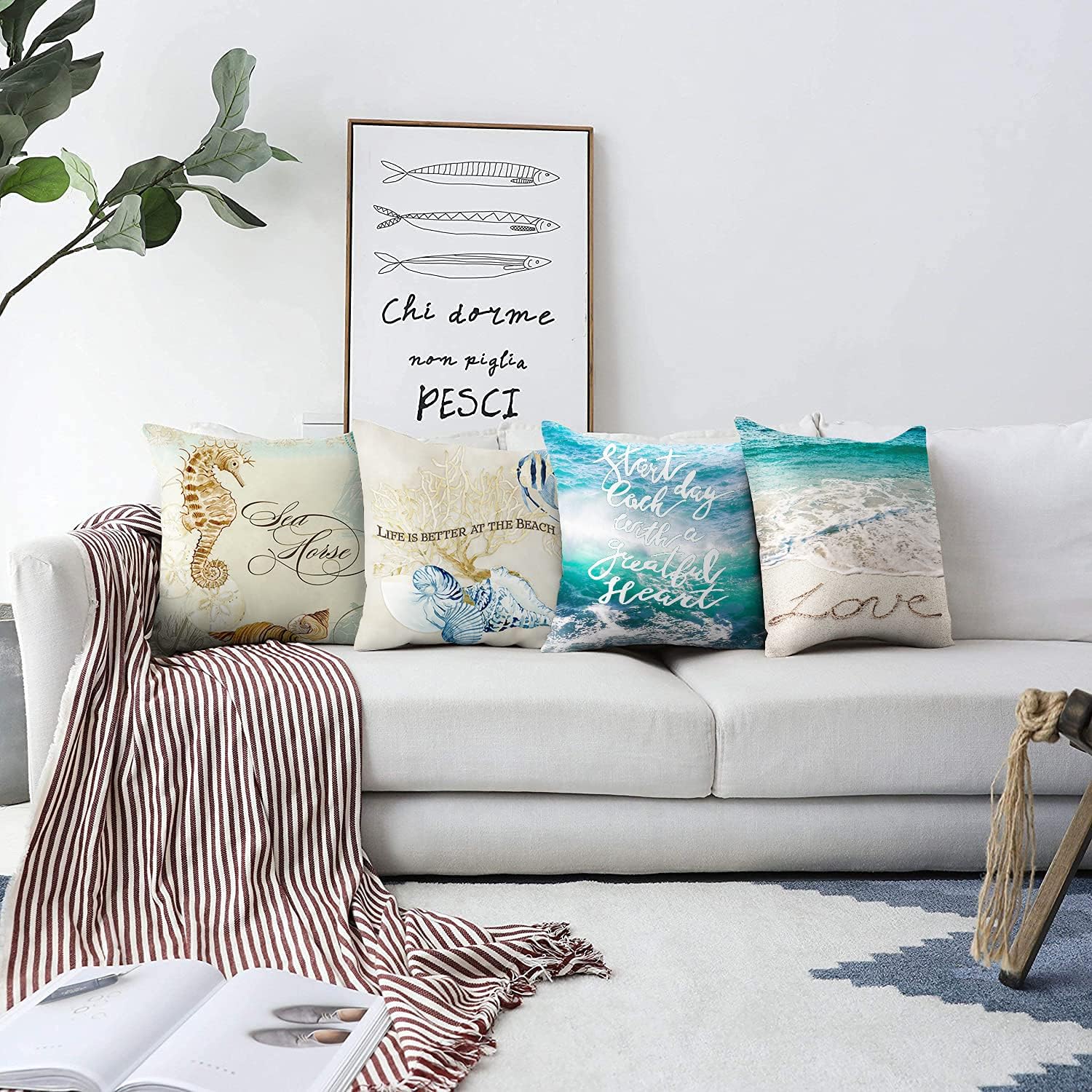 Beach Throw Pillow Covers Outdoor Decorative Sea Coastal Theme Decor Cushion Square Pillowcase Decorative Pillows for Living Room Bed Sofa and Car Throw Pillow Covers 18x18 Inch Set of 4 Blue: Home & Kitchen