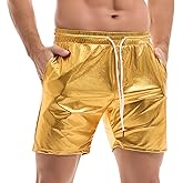 AMY COULEE Mens Metallic Shorts 5" Shiny Holographic Disco Shorts Outfit Sparkly Rave Hot Drawstring Shorts