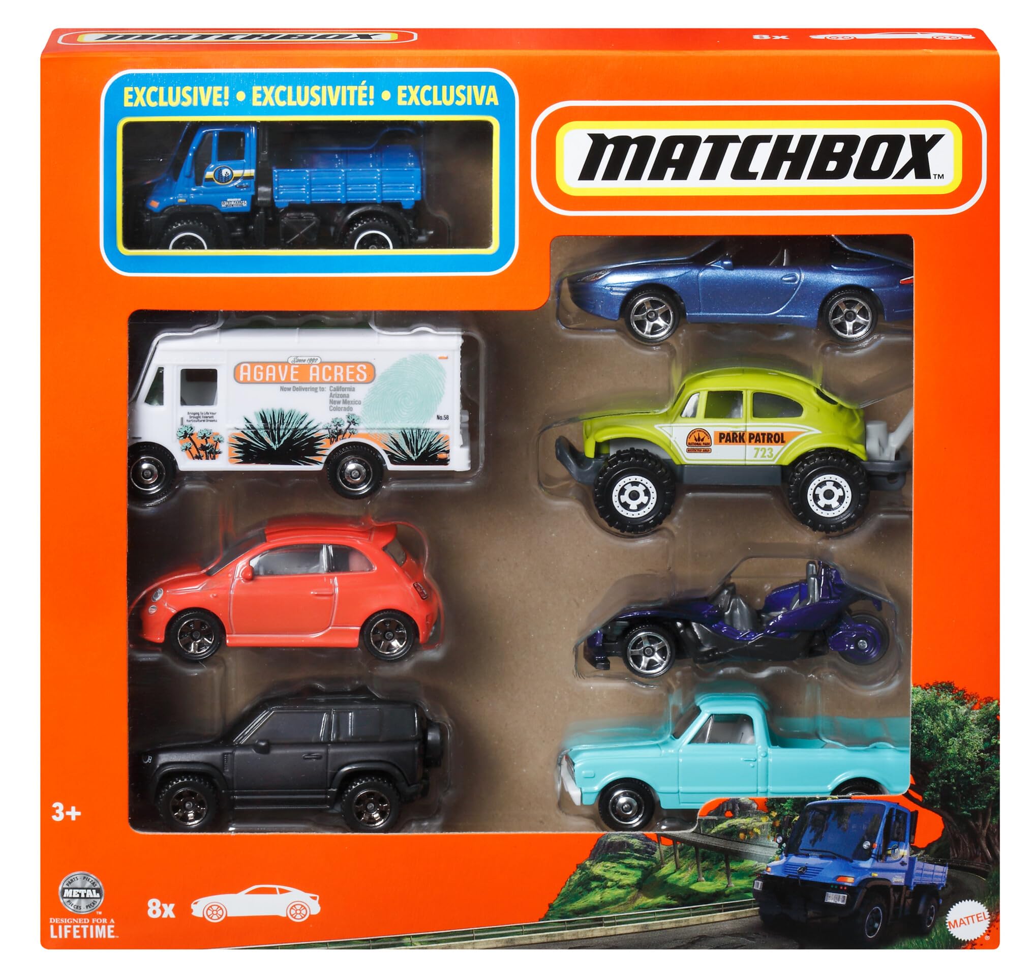 Matchbox 1:64 Scale Die-Cast Toy Cars or Trucks (Assorted Styles, One Random Set), Set of 8, Themed Multipack of 8 Vehicles Including 1 Exclusive, HVR81