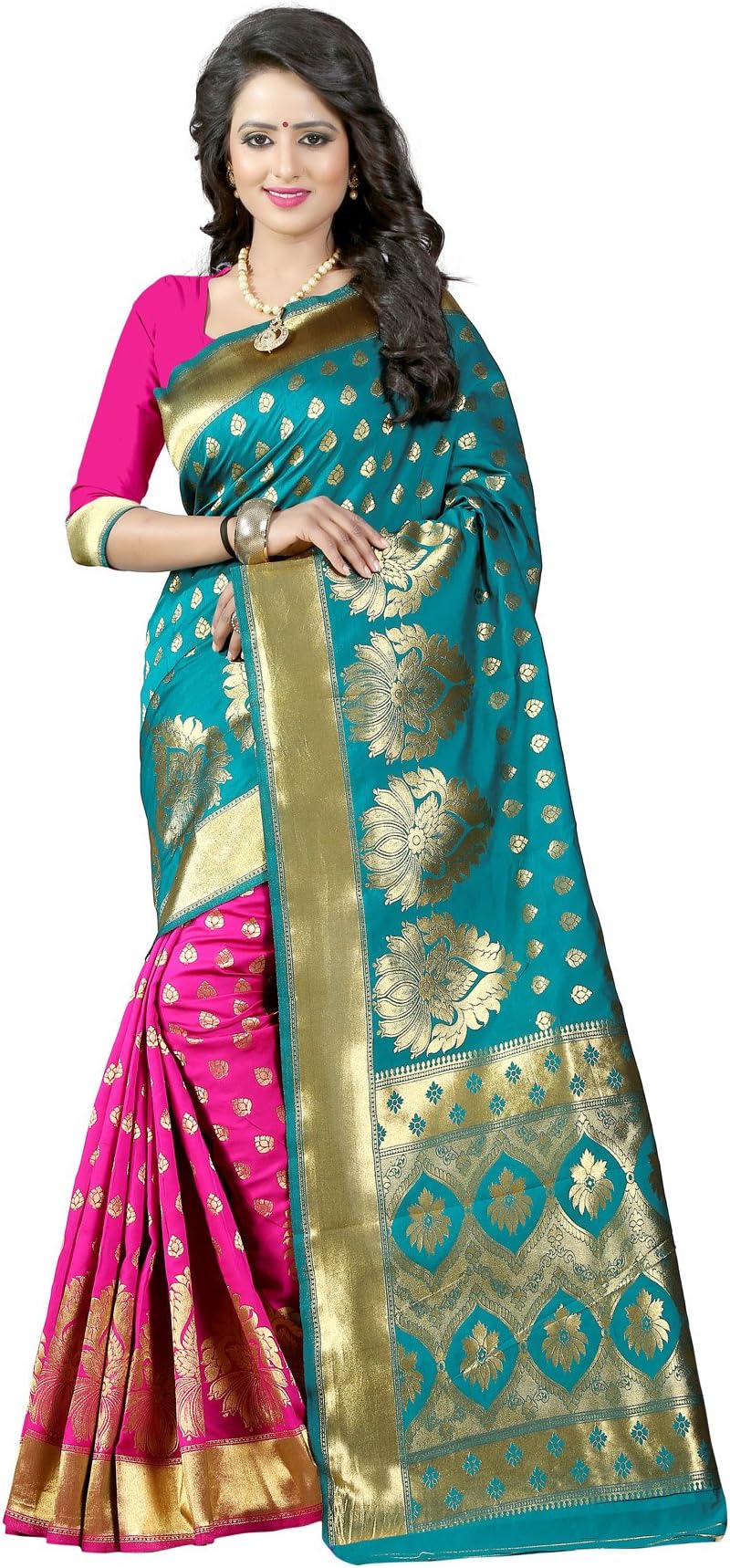 Shiya Women's Woven Tussar Silk Saree With Blouse Piece (Pari 1 Rama Pink_Dark Green & Pink)