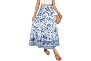YHYJMY Women's Boho Skirt Elastic High Waist Pleated A-Line Flared Maxi Skirts Womens Flowy Long Skirts