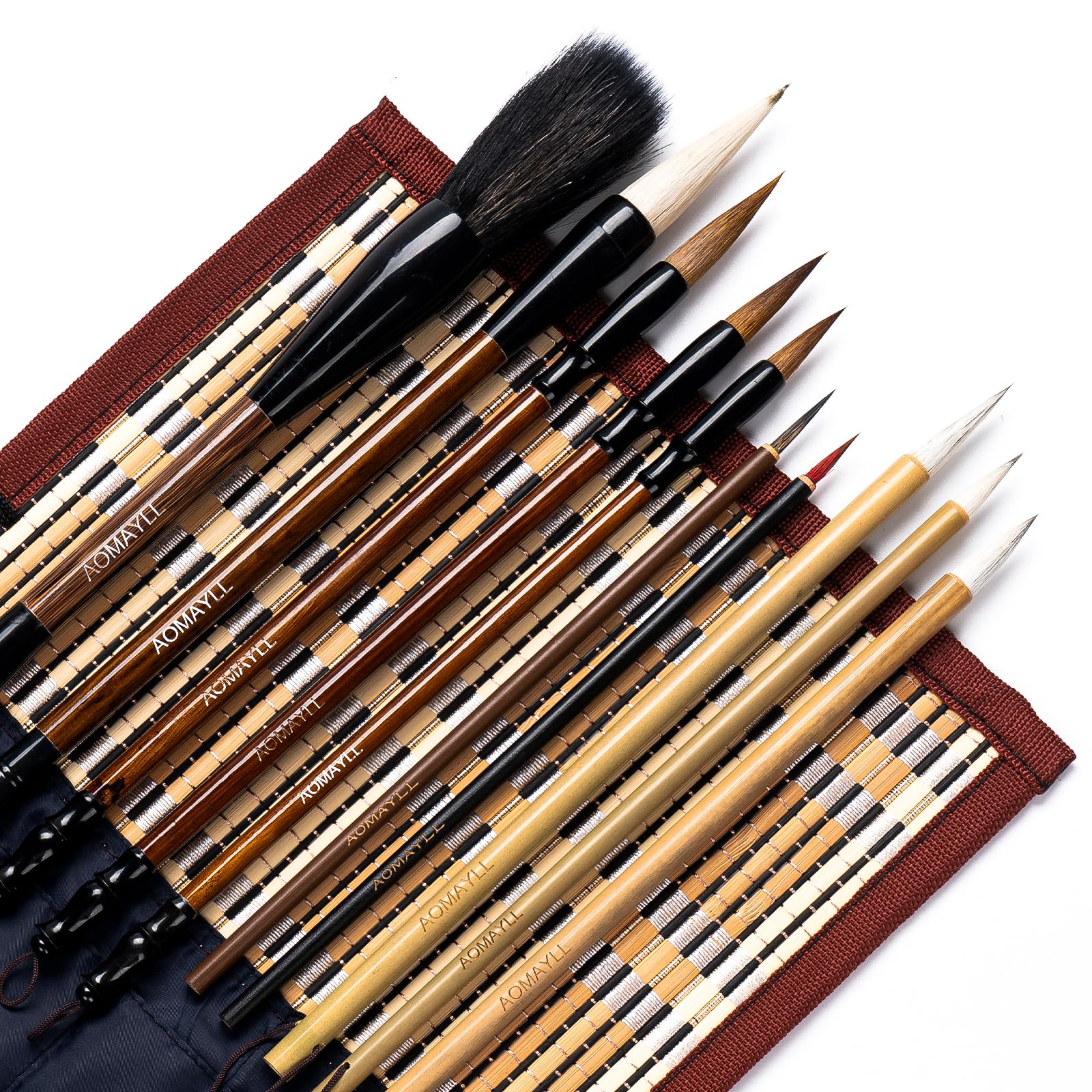 AOMAYLL Chinese Calligraphy Brush Set - Premium Watercolor Brushes with Roll-up Bamboo Holder - Ideal for Kanji, Japanese Sumi, Painting, Drawing - 10 Piece Set