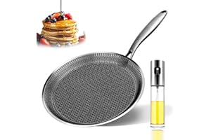 10.6 Inch Crepe Pan & 90ml Oil Spray Bottle, Stainless Steel Pancake Pan Lasting Nonstick Coating Tortillas Frying Pan Dosa T
