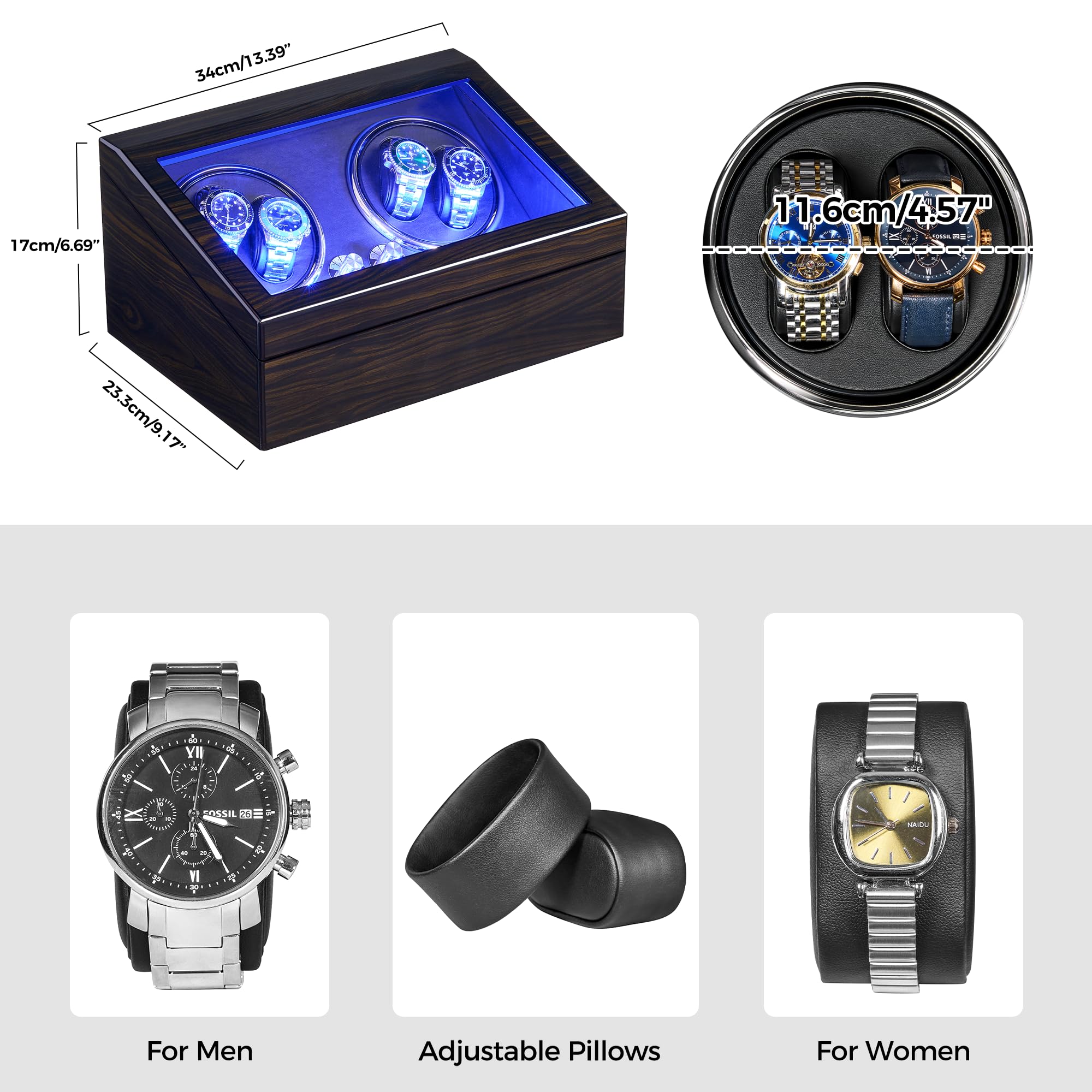 ANWBROAD ANWBROAD Watch Winder for Automatic Watches 4 Watch Rotator and 6 Extra Storages with Super Quiet Motor LED Backlight Watch Turner Piano Paint Watch Shaker 4 Rotating Modes USB UJWW002E
