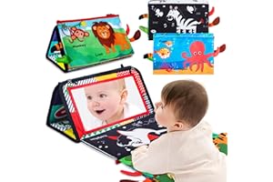 ROBERLY Tummy Time Mirror Toys for Baby 0-6 6-12 Months High Contrast Infant Toys with Crinkle Cloth Book and Teethers Black and White Montessori Sensory Toys for Newborn Boys Girls