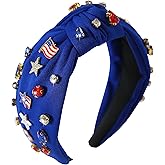 Gmmidea 4th of July Headband for Women Girls American Flag Jeweled Knotted Headband Rhinestone Star Flag Patriotic Hairband Wide Top Cute Independence Day Head Band A-Blue