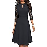 HOMEYEE Women's Round Neck Hollow Out Lace Patchwork Retro Party Dresses A234