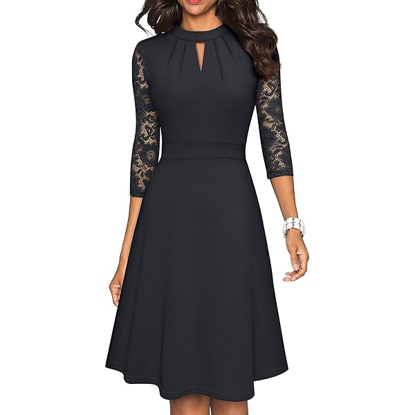 HOMEYEE Women's 3/4 Sleeve A-Line Party Dress - Knee-Length, Crew Neck, Back Zipper