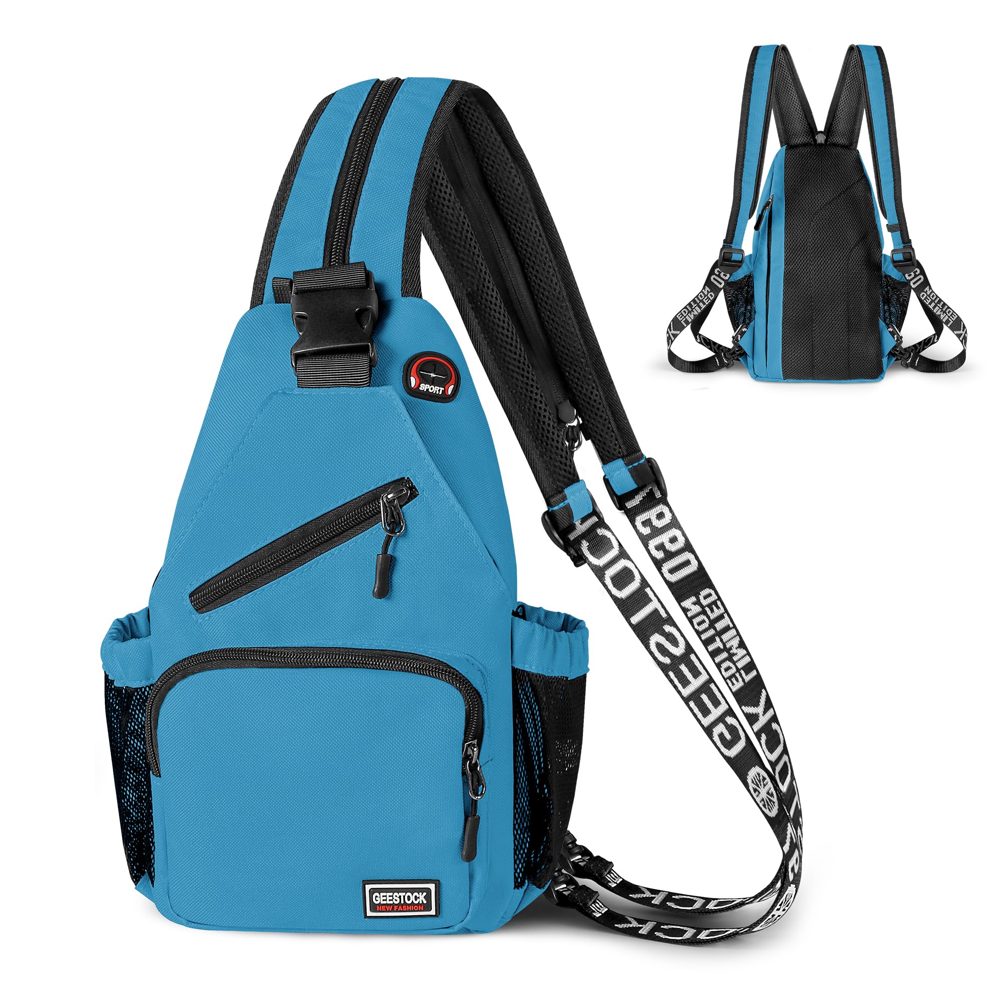 Photo 1 of Geestock Crossbody Sling Bag for Men Women, 13.4" Large Convertible Sling Backpack with Headphone Hole Fit 10.9" Tablet, Lightweight Chest Bag Daypack Crossbody for Travel Hiking & Commute, Blue