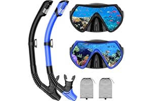JWINTEE Snorkeling Gear for Adults, Adult Snorkel Mask Set Scuba Diving Dry-Top, Swimming Goggles w/Nose Cover, HD Tempered Glass Panoramic Anti-Leak Anti-Fog, Travel Snorkeling Packages Storage Bag, 2 Pack