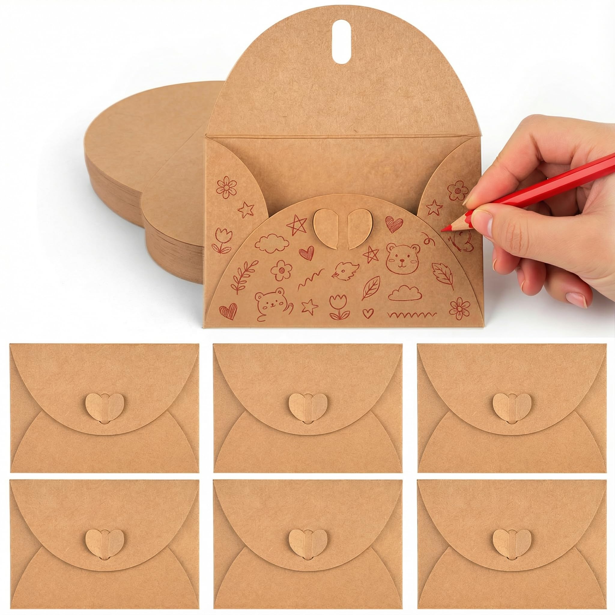 VGOODALL 100 Pack Mini Envelopes Kraft Paper, Little Covers with Heart Clasp 10.5x7.2cm for Wedding Valentine Birthday Gift Notes and DIY Crafts