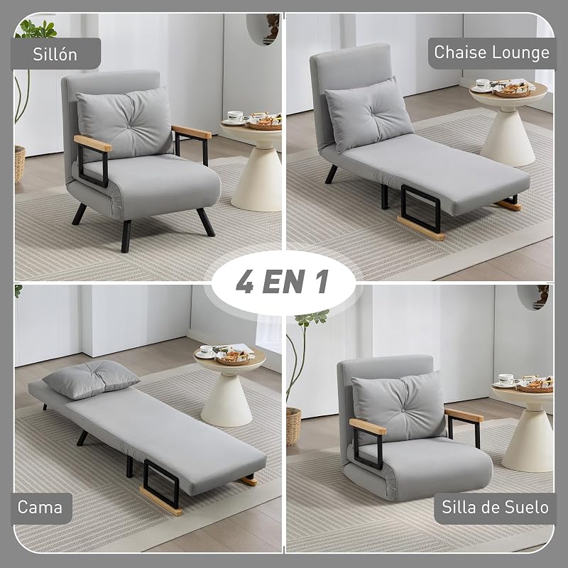 Canapé-lit 1 Place HOMCOM 4-en-1 Pliable 63x73x81 cm, Gris Clair